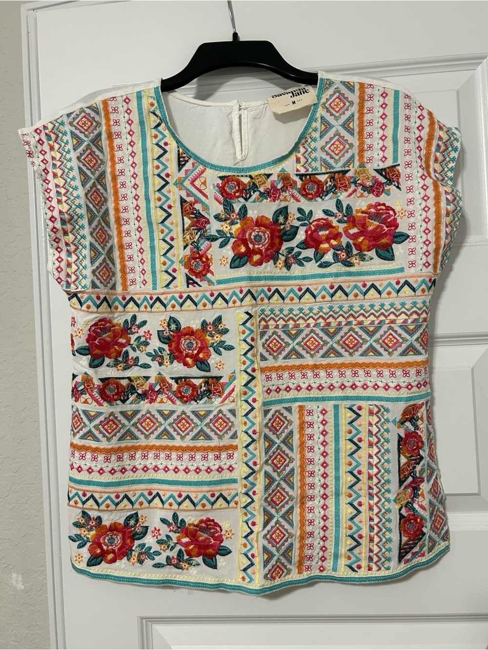 Savanna Jane Embroidered Floral Patchwork Top - White with Multicolor